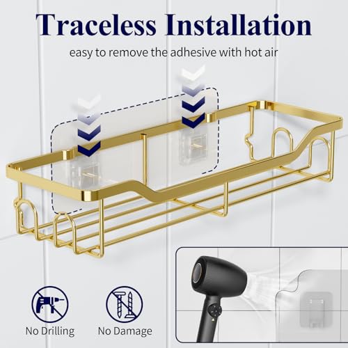 Kitsure Shower Caddy, Adhesive Shower Organizer, Large, Gold | Stainless Steel Shelf for Inside Shower, No Drill Bathroom Organizers and Storage, Home Decor Accessories