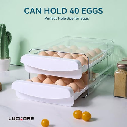 Luckore 2 Tier Egg Holder for Fridge Container for 40 Eggs with Drawer | Clear Stackable Egg Organizer Holder Tray for Fridge, Storage Container with Handles for Refrigerator, Countertop