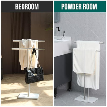 Free Standing Towel Rack for Bathroom - Brushed Nickel Finish - Stand Alone 2 Tier Stainless Steel Towel Rack for Bathroom Floor with Heavy Marble Base, Double T Shape Drying Stand for Towels