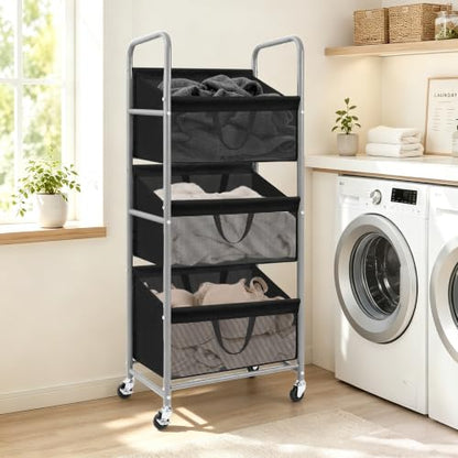 3-Tier Vertical Rolling Laundry Hamper, Removable Bags, Black Mesh | 120L Capacity, Space-Saving Vertical Design, Rust-Resistant Steel Frame, Lockable Wheels, Ideal for Apartments & Small Spaces