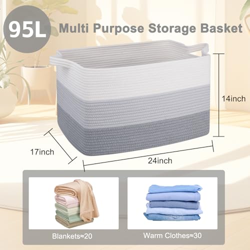 OIAHOMY Extra Large Blanket Basket, 95L Cotton Rope Woven Laundry Basket, Toy Bin for Baby Room, Container for Blanket Storage in Living Room, 24''×17''×14'', Gradient Grey