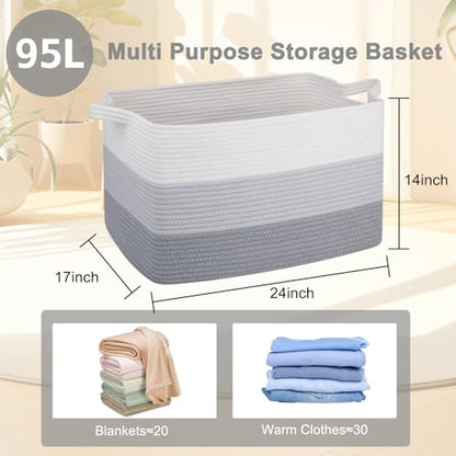OIAHOMY Extra Large Blanket Basket, 95L Cotton Rope Woven Laundry Basket, Toy Bin for Baby Room, Container for Blanket Storage in Living Room, 24''×17''×14'', Gradient Grey