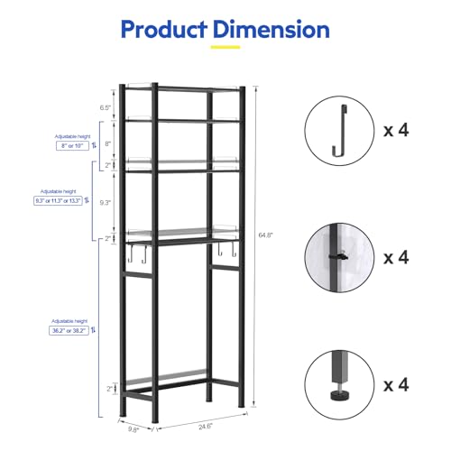 samstar 4 Tier Over The Toilet Storage Rack, Bathroom Organizer Shelves Cabinet Above Toilet, with Adjustable Height Freestanding Shelf Space Saver, Black