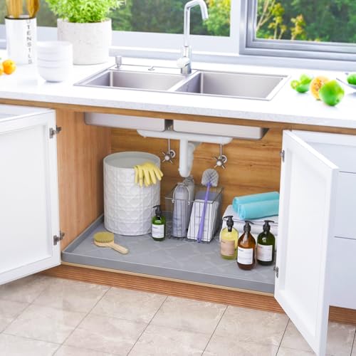 Waterproof Under Sink Mat 34" x 22", Raised Edge Silicone Mat Tray | 100% Food-Grade, Thick Shelf Liner Cabinet Protector, Kitchen, Bathroom Organizer and Storage, Pets, Boots, Home Essentials