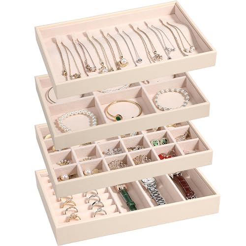 Stackable Jewelry Organizer Trays 4 Set,PU Leather... (Apricot)