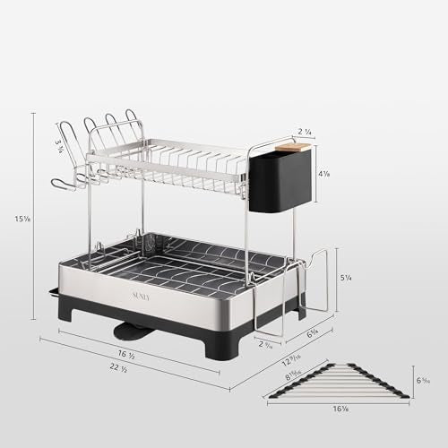 2 Tier Dish Drying Rack, Extra Large Dish Rack, Multifunctional Large Dish Drainers for Kitchen Counter, 304 Stainless Steel Kitchen Drying Rack, Bowl Drying Rack, Extendable Drain Spout, Black