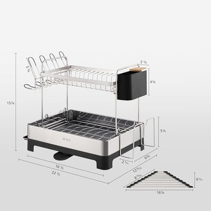 2 Tier Dish Drying Rack, Extra Large Dish Rack, Multifunctional Large Dish Drainers for Kitchen Counter, 304 Stainless Steel Kitchen Drying Rack, Bowl Drying Rack, Extendable Drain Spout, Black