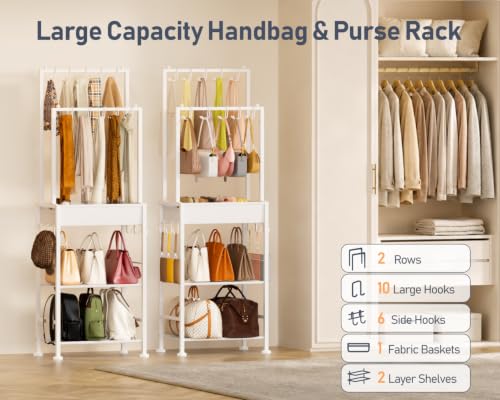 DIMJ Purse Organizer for Closet - Floor-standing Handbag Organizer Rack with 16 Hooks, Purse Storage Shelf Stand for Handbags, Totes, Wallets, Scarves, Bedroom Entryway and Walk-in Closet, White