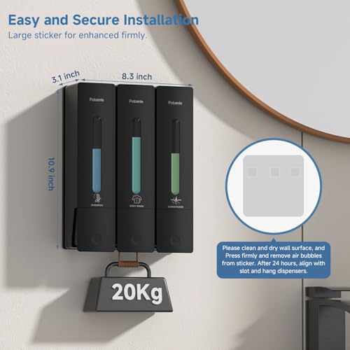 Shampoo and Conditioner Dispenser - Shower Soap Dispenser Wall Mounted No Drill - Shampoo Conditioner Body Wash Dispenser 3 Chamber - Easy Install for Bathroom Hotel Black 1200ml