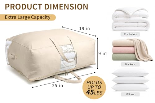 Soft Canvas Storage Bags for Comforters, Blankets, Beddings, Quilt, Clothes | King/Queen Comforter Organizer, Cotton Canvas, 4 Pack, 4 Handles & 2 Clear Windows, Reinforced Zippers, 25x19x9in
