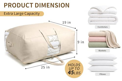 Soft Canvas Storage Bags for Comforters, Blankets, Beddings, Quilt, Clothes | King/Queen Comforter Organizer, Cotton Canvas, 4 Pack, 4 Handles & 2 Clear Windows, Reinforced Zippers, 25x19x9in