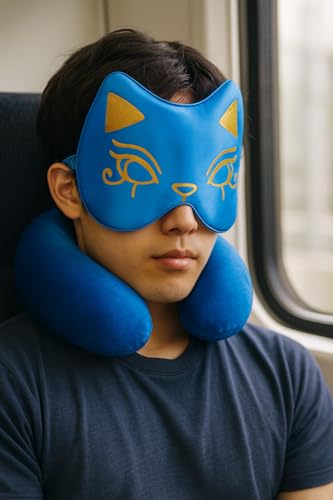 Cute Silk Sleep Mask Cat Eye mask for Sleeping Embroidered Adjustable Oversized Eye Cover Egyptian Bastet Blindfold with Gift Box（Nefertari Blue-Elastic Strap）