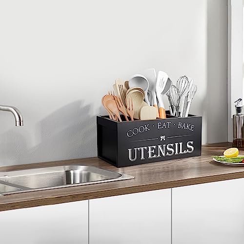 Extra Large Utensil Holder Countertop for Kitchen Counter,Wood,Black | Hold 40 Utensils,4 Removable Divider,Rutic Silverware Organizer Caddy,Spacesaving,Farmhouse Cooking Crock for Spatula,Spoon