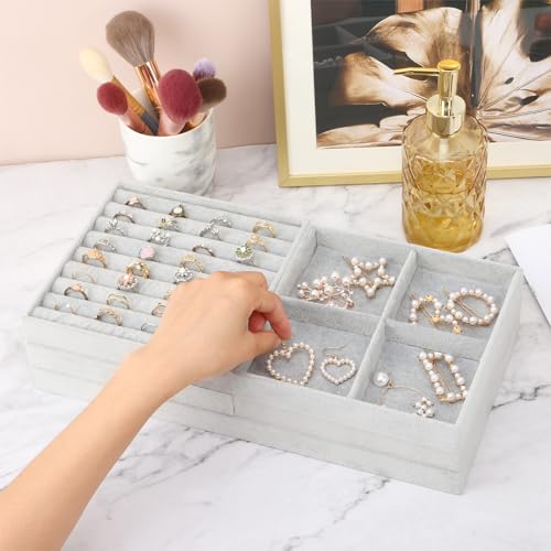 Fixwal Jewelry Organizer Trays 5 Pack 14in Stackable Drawer Box Dividers | Stackable 14in Trays, Removable Dividers, Multi-Layer Design, for Earrings Necklaces Bracelets and Watches