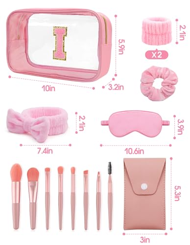 Initial Makeup Bag with Makeup Brush Set Party Favors Gifts for Women Girls | Pink Spa Kit with Skincare Headbands Wrist Bands Sleepover Bachelorette Party Supplies Gifts for Teen Girls Bridesmaid I