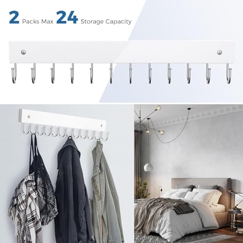 Belt Hanger Wall Mounted, Wooden Coat Rack Belt Organizer 2 Pack | Max 24 Storage Capacity, 180° Rotating Space Saving Hangers for Ties, Tank Tops, Scarves, Bras, Keys, Bags White