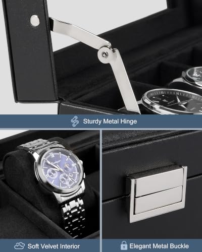 Lolalet 6-Slot Watch Case for Men, Mens Jewelry Box with Glass Lid -Black | Watch & Jewelry Box with Drawer, Easy-Clean PU Leather, Soft Removable Pillow, Home Organizer&Display, Dust-Proof, Men's Gift
