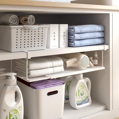 Expandable Under Cabinet Shelf, Extendable Under Shelf Storage with 0.94 Inches Thick Clips for Pantry Cabinet, Laundry Room, Shoe Rack.(White, 1 Pack, Interior: 3.66" H x 8.26" D)
