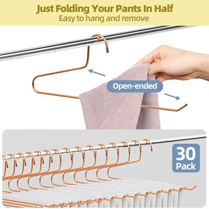 SPECILITE 30 Pack Open Ended Rose Gold Metal Pants Hangers Heavy Duty | Slim Space-Saving, Waterproof and Scratch-resistant, Sturdy Hangers for Jeans, Slacks, Leggings, Towel, Scarf