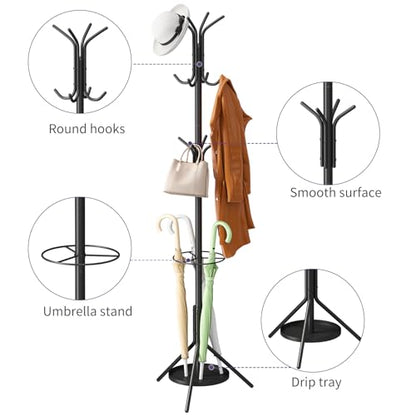 Coat Rack Freestanding,Entryway Hanger Stand,Umbrella Holder,Hall Tree With 12 Hooks, Floor Standing Metal Tree Stand,Black