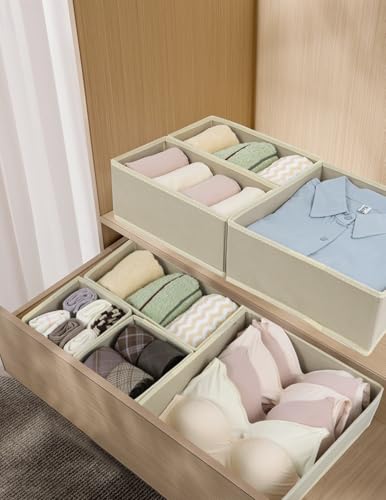 Fordonral 12 Pack Drawer Organizer Clothes, Foldable Fabric Dresser Organizer Closet Organizers and Storage Box for Underwear,Folded Clothes,Baby Clothing,Socks,Bra,Towels,Ties(12 Pack,Beige)