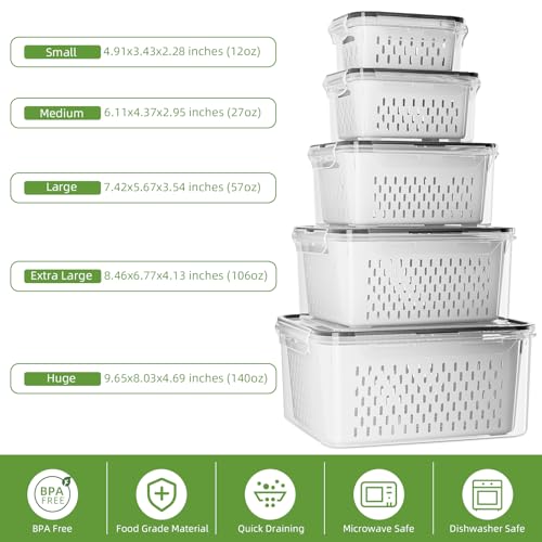 KEMETHY 5 Pack Fruit Storage Containers for Fridge with Removable Colanders - Food Storage Containers with Lids, BPA-Free Produce Containers Keep Fruits, Vegetables, Berry, Meat Fresh Longer