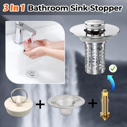 Bathroom Sink Drain Strainer(2PCS), Stainless Steel Pop-up Strainer Basket Hair Catcher with Removable Basket, Brass Bullet Core, Universal Fit 1.1-2.36 Inch