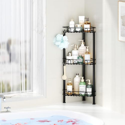 Standing Shower Caddy Corner - 3‑Tier Stainless Steel Shower Organizer Shelf with 12 Hooks and Adhesive Pads, Rustproof Corner Shelves Stand Rack for Bathroom Shower Room, Black