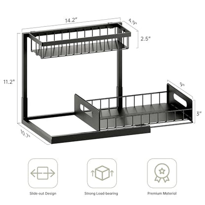 Under Kitchen Sink Organizer 2 Tier, Pull Out Bathroom Sink Organizers and Storage, Cabinet Kitchen Bathroom Storage Organization Shelf, 1 Pack Black
