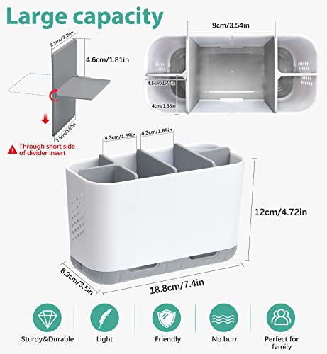 Boperzi Toothbrush and Toothpaste Holder Drainage for Bathroom Countertop with Adjustable Dividers, Large Toothpaste Caddy Organizer Storage Rustic Decor Set Anti-Slip for Shower,Family,Kids Gray