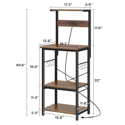 SUPERJARE 4 Tier Bakers Rack with Power Outlets, Microwave Stand with Adjustable Shelf, Kitchen Shelf Organizer for Small Space, Coffee Bar with 6 S Hooks, Kitchen Storage Rack, Rustic Brown