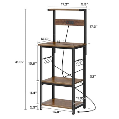 SUPERJARE 4 Tier Bakers Rack with Power Outlets, Microwave Stand with Adjustable Shelf, Kitchen Shelf Organizer for Small Space, Coffee Bar with 6 S Hooks, Kitchen Storage Rack, Rustic Brown