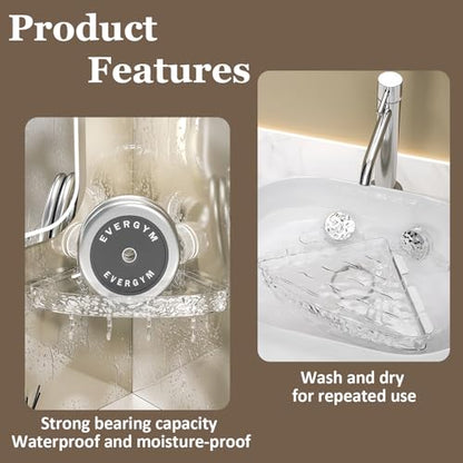 Corner Shower Caddy Suction Cup, Wall Mounted Suction Shower Rack Organizer, No Drilling Shower Shelf, Clear Basket with 4 Movable Hooks, Bathroom Storage Rack (clear, 90°corner)