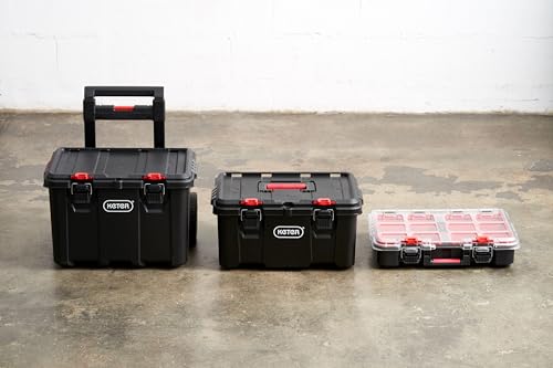 Keter Stack N Rolling Tool Box Modular Storage System 3 Piece | Black and Red, Heavy Duty, Weatherproof, All Terrain Wheels, Durable, Easy to Use, Telescoping Handle