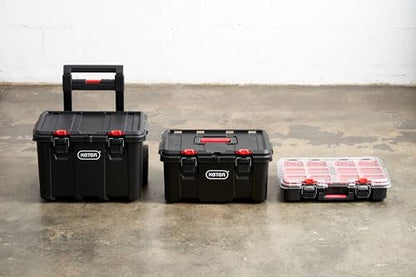 Keter Stack N Rolling Tool Box Modular Storage System 3 Piece | Black and Red, Heavy Duty, Weatherproof, All Terrain Wheels, Durable, Easy to Use, Telescoping Handle