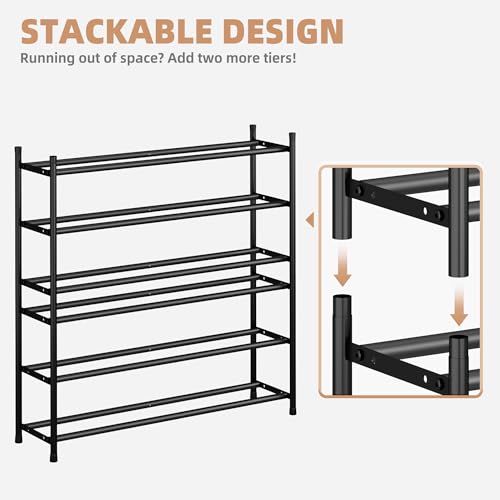 STORAGE MANIAC Long Expandable Shoe Rack, 18 Pairs Metal Wide Stackable Shoe Rack, Adjustable Shoes Shelf, Freestanding Shoes Organizer for Closet, Entryway, Hallway, Garage, Front Door, 3 Tiers