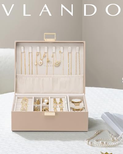 VLANDO Jewelry Organizer, 2-Layer Design with Tray and Watch Pillow,Toffee | Generous Space Stores All Kinds of Jewelry Tidily,Elegant Look Serves as a Nice Birthday and Holiday Gift for Ladies