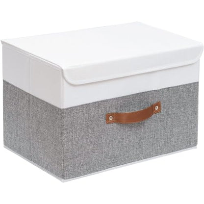 Yawinhe Fabric Storage Boxes with Lids,White/Grey,15.0x9.8x9.8in,1-Pack | Container with Leather Handle,Washable Storage Basket, Clothes Blanket Bin,Collapsible Closet Organizer for Bedroom