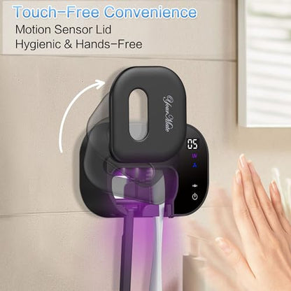 YourMate Toothbrush Holder Bathroom Rechargeable Wall Mounted Toothbrush Cleaner with Smart Sensor Lid & Fan, 5-Min Auto Cleaning, 2 Type Slots