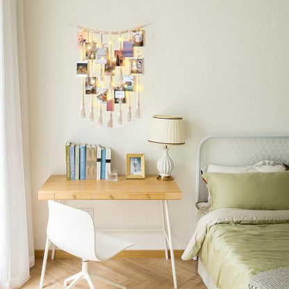Mkono Hanging Photo Display, Boho Decor with String Lights, 30 Wood Clips | Ivory, Room Decor for Teen Girls, Macrame Wall Decor, Aesthetic Cards Artwork Holder, Bedroom Nursery Living Room Dorm