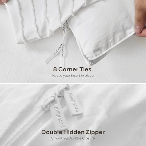 JELLYMONI White Striped Tufted Duvet Cover Set King Size | Soft Breathable, Cotton-Like Feel, Storage Bag, 8 Corner Ties & Hidden Zipper, Oeko-Tex Certified