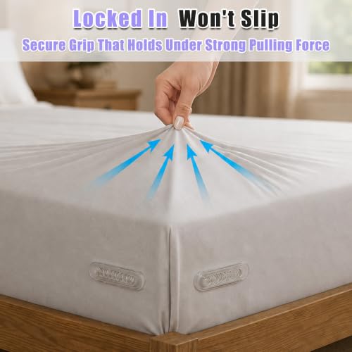 Bed Sheet Holders for Corners, 4 Pack Sheet Fasteners | Fitted Sheet Holder Keeps Sheets Tight & Wrinkle-Free, Zigzag Lock, No-Lift Install, Fabric-Safe, Fits King Queen Full Twin