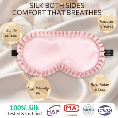 Silk Sleep Mask for Women, 100% Mulberry Silk Eye Sleeping Mask & Blindfold with Adjustable Strap, Ruffled Edge & Laundry Bag, Blackout Soft Eye Cover for Travel, Nap, Night Shift,Pink