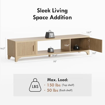Fluted Oak TV Stands for 65/70/75 Inch TV, Boho Media Console for Living Room, TV Entertainment Center with Storage, Wood Television Cabinet for Bedroom