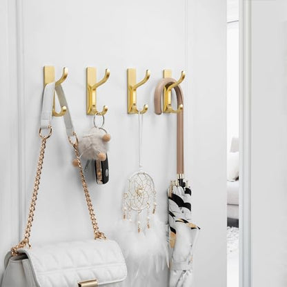 Adhesive Wall Hooks for Towel/Coat,13Lb Strong Stick-On Hooks, Gold 4 Pack | Hooks for Walls No Damage, Hooks Hanging Heavy Duty, Peel and Stick Hooks for Closet, Door, Bathroom, for Purse, Bag, Cloth