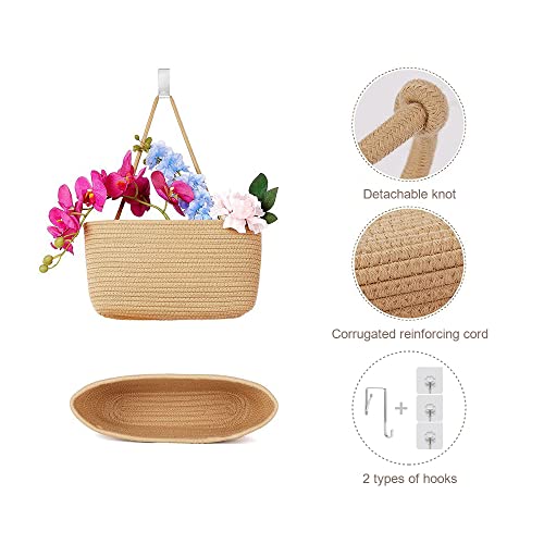 TeoKJ Over the Door Hanging Basket, 3-Tier Woven Cotton Wall-Mounted Storage Organizer Bag Decorative Hanging Nursery Baskets, Jute