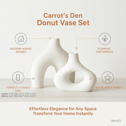 Carrot's Den Ceramic Modern Vase Set of 2, Donut Shelf Decor, Warm White | Matte pair for bookshelf and bookcase decor, mantel styling, or home staging. Holds dried stems and faux plants indoor.