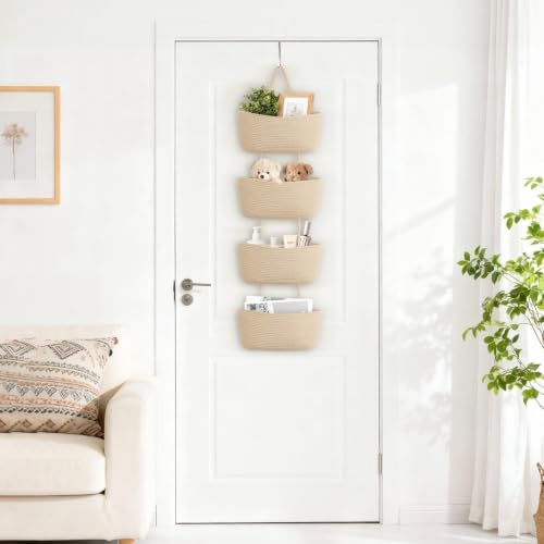 Dahey Over The Door Hanging Basket Storage 4-Tier Woven Wall Basket, Jute | Space-Saving, Hook Fits 1.77" Door, Widely Boho Nursery Organizer for Bathroom Bedroom Dorm Decor, Detachable Adjustable Rope
