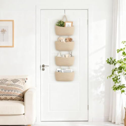 Dahey Over The Door Hanging Basket Storage 4-Tier Woven Wall Basket, Jute | Space-Saving, Hook Fits 1.77" Door, Widely Boho Nursery Organizer for Bathroom Bedroom Dorm Decor, Detachable Adjustable Rope