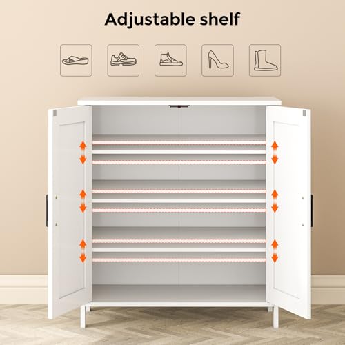 Farmhouse Shoe Cabinet with 2 Barn Doors & Wood Legs | Tall 4-Tier Shoe Storage Cabinet, 3 Adjustable Shelves, Shoe Rack Organizer, for Entryway, Hallway, Closet, White